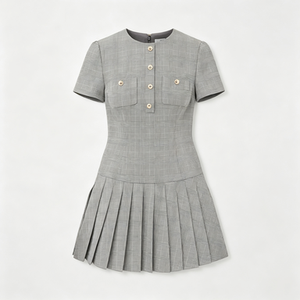 Women Plaid Tweed Short Sleeve Mini <b>Dress</b> Crew Neck A-Line Pleated Skirt Fitted Casual Daily Wear - Product Image 1