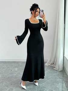 Abiti Casual da donna alla moda elegante da sera con colletto quadrato lavorato a <span class=keywords><strong>maglia</strong></span> manica lunga svasata produttore di abiti all'ingrosso - Product Image 4