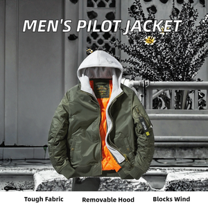 Chaqueta Bomber de Piloto Casual de Invierno para Hombre, Capucha Desmontable, Cierre de Cremallera, Tejido de Lana Resistente al Viento, 100% Poliéster, Cuello Alto - Product Image 2