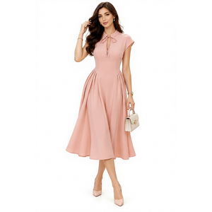 Wholesale Pink <b>Vintage</b> Tie Neck Midi <b>Dress</b> Cap Sleeve High Waist Fit And Flare A Line Pleated Solid <b>Summer</b> Casual <b>Dress</b> - Product Image 1