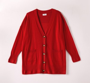 <strong>Women</strong> Winter Clothes 2026 Knit <strong>Cardigan</strong> in <strong>Red</strong> Button Closure with Side Slits and V Neck Functional Pockets for Wholesale - Product Image 2