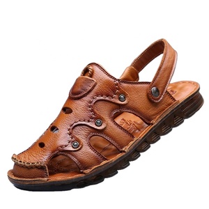 Sandales en cuir de vachette pleine fleur pour hommes : Chaussures de plage d'été antidérapantes et durables ; Sandales « Dad » en cuir véritable pour hommes ; Sandales d'extérieur pour hommes - Product Image 1