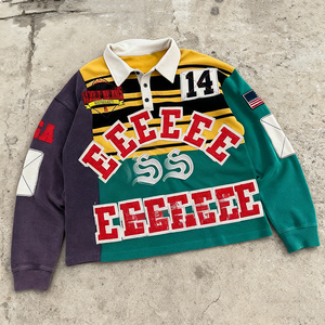 Polo vintage en coton chaud pour hommes Sweat-shirt de rugby à boutons brodés et surdimensionnés T-shirt rayé à manches longues - Product Image 2