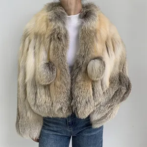Custom Fluffy Thick Warm Fashion Elegant Golden Island Fox Fur Coats Jacket Wholesale Luxury Winter Women Golden Fox Fur Coat