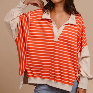 Blusas de Mujer a la Moda con Rayas y Contraste de Color, Cuello en V, Sudadera Holgada con Estampado - Product Image 1