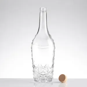Botella de vidrio para whisky, suministro de china, impresión personalizada, 500ml, estándar, transparente, super pedernal