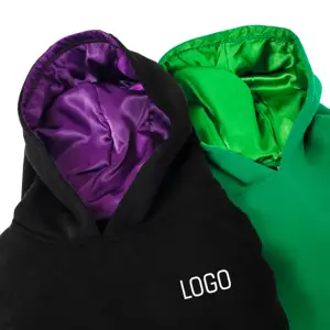 Custom logo fleece Polyester Cotton high quality luxury silk with heavyweight embroidered cover men crop inner satin lined hood