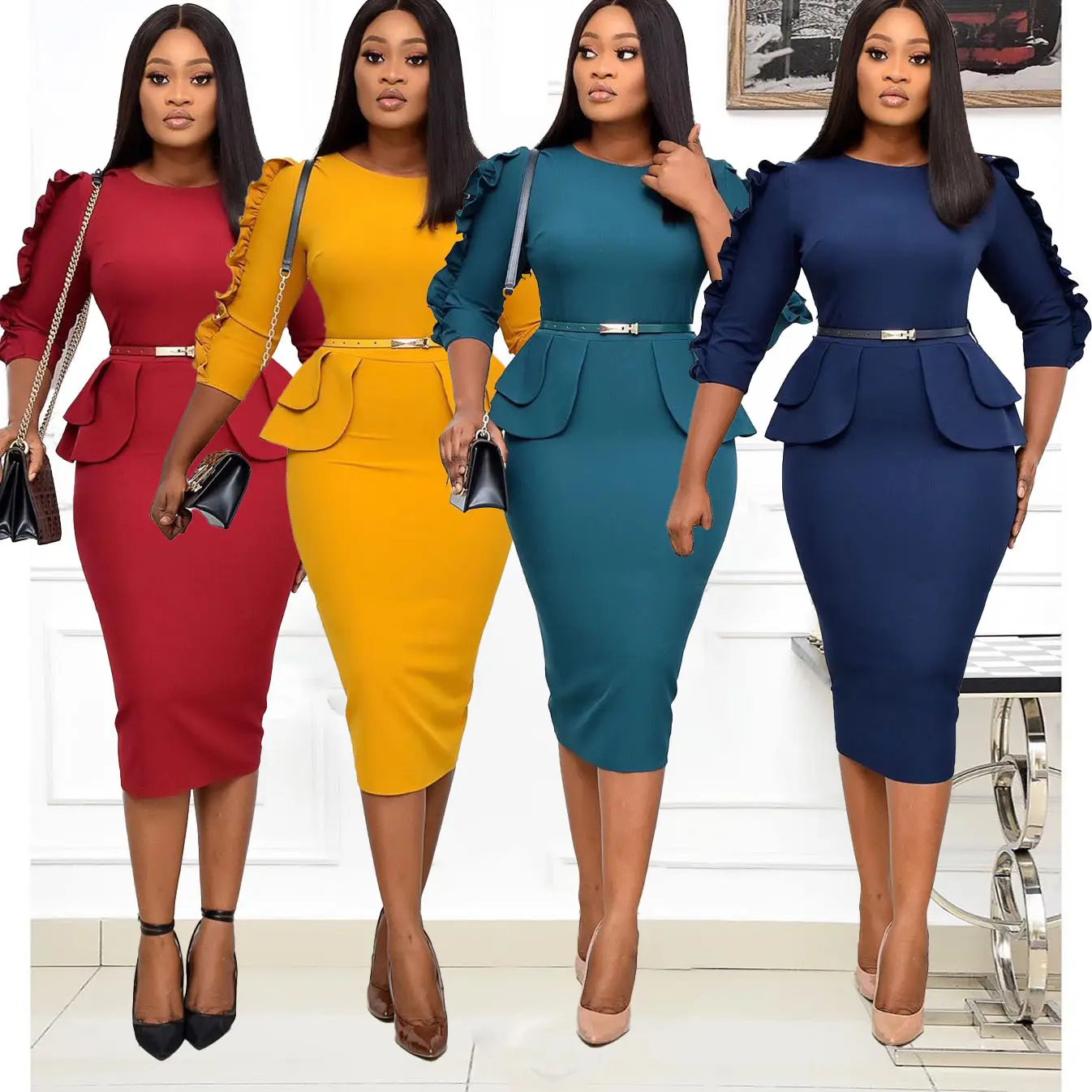 Hot Selling African Women Fashion Kleid Elegante Karriere Ladies Office Wear High Low Fat Frauen 3Xl Plus Size Red Peplum Kleid
