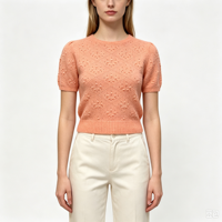 Pull en maille décontracté à manches courtes de couleur rose de haute qualité Filippa Custom Pormporm Pointelle, vente en gros OEM & ODM