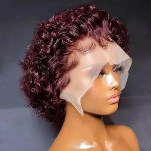Pixie Cut Lace Wig 99J Ginger Color Spring curl Short Bob Human Hair Wig For Women Natural Black Color Blonde Hair Cheap Wig
