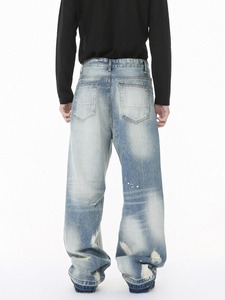Jeans in denim distressed effetto acido da uomo, di alta qualità, con vernice vintage, firmati, personalizzati, streetwear, baggy, con effetto baffo di gatto - Product Image 4