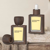 Botella de Vidrio Cuadrada con Gotero de Madera Natural de Nogal Negro, Roble y Teca, con Marco Desmontable para Suero, Loción Facial y Corporal