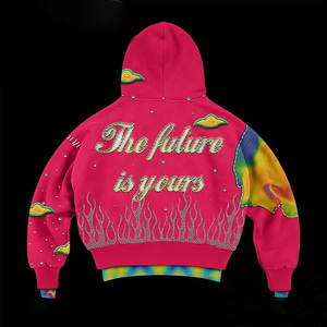 Heavyweight in đầy đủ Áo nỉ đau khổ thêu các bản vá lỗi đinh tán thạch tùy chỉnh hai lớp zip up hoodie người đàn ông - Product Image 2