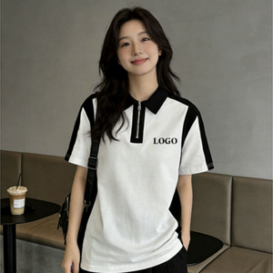 Camiseta de Manga Corta para Mujer, Tejida, Transpirable, de Algodón y Bambú, con Bloques de Color, Cuello Negro con Tirantes, Largo Regular, Estilo Casual - Product Image 2