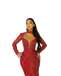 Vestido de noche de satén Vintage rojo brillante con cuello en V de manga larga con bordado Floral de cola de pez para Bodas de primavera y verano - Product Image 2