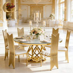 Mesa de Comedor Redonda Moderna con Tapa de Cristal y Base de Metal Dorado para Alquiler en Bodas y Hoteles - Product Image 6