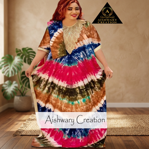 Robe longue tie-dye Aishwary Creation, coupe ample, style bohème, manches courtes, en coton tissé, robe d'été décontractée, ourlet évasé - Product Image 3