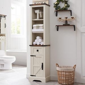 Armoire <span class=keywords><strong>de</strong></span> <span class=keywords><strong>rangement</strong></span> <span class=keywords><strong>de</strong></span> <span class=keywords><strong>salle</strong></span> <span class=keywords><strong>de</strong></span> <span class=keywords><strong>bain</strong></span> <span class=keywords><strong>de</strong></span> style farmhouse <span class=keywords><strong>de</strong></span> 68 pouces <span class=keywords><strong>de</strong></span> hauteur, étagères réglables, porte <span class=keywords><strong>de</strong></span> grange, construction en MDF, design mural gain <span class=keywords><strong>de</strong></span> place - Product Image 1