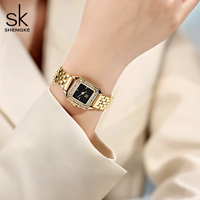 Montre à quartz carrée de luxe SK pour femme avec boîtier en alliage, accents de diamants, bracelet en acier inoxydable, étanche - Prête à être expédiée