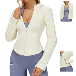 Chaqueta de yoga OEM ODM para mujer, holgada, con capucha frontal, forro polar, gruesa, de manga larga, con cremallera, para gimnasio, fitness, invierno, elástica en cuatro direcciones - Product Image 3