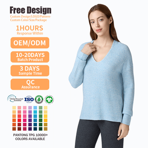 ผู้ผลิตเสื้อถักไหมพรม เสื้อไหมพรมคอวีทรงหลวม สีฟ้าอ่อน สไตล์ลำลอง สำหรับผู้หญิง ฤดูใบไม้ร่วง ฤดูหนาว แบบสั่งทำพิเศษ - Product Image 2