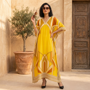 Vestido Kaftán Largo Estampado Amarillo de Rayón para Mujer, Cuello en V, Manga Larga, Hasta la Rodilla, Elegante, Marca HitJem Export Premium - Product Image 1