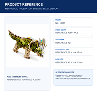 Modèle de dinosaure Triceratops mécanique personnalisé en blocs de construction avec détails d'engrenages, jouet de construction DIY pour adolescents de 12 ans et plus