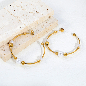 Pendientes de Aro con Perlas de Acero Inoxidable Chapados en Oro de 18K al por Mayor, Pendientes Circulares con Perlas en Forma de C, Joyería Impermeable para Mujer - Product Image 4