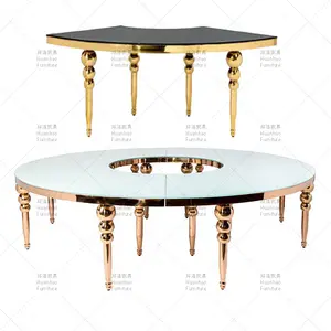 Usine royal événement décoration mdf lune table en acier inoxydable or miroir verre mariage serpentine table