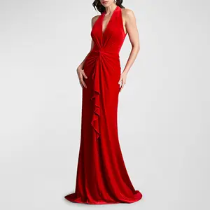 Vestido de terciopelo sin mangas con volantes en la parte delantera torcida para mujer, vestido Maxi elegante, vestido de noche de lujo de terciopelo rojo, vestido de baile