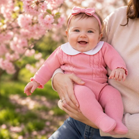 Ensemble 2 pièces en coton 100% pour bébé fille : Pull en maille torsadée à col Peter Pan et leggings à chevilles festonnées, rose doux, pour nouveau-né et tout-petit
