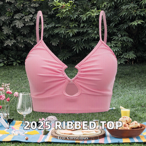 2025 Summer Women's Casual Ribbed Knit Crop Top Sexy Polyester Spandex Halter <b>Cami</b> Tank Top Short Fitness Clothing Hollow - Product Image 3