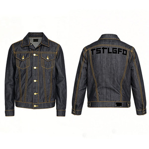 Chaqueta de mezclilla cruda índigo para hombre con ribete, bolsillos de solapa doble con costuras decorativas, botones metálicos dorados, corte ajustado, estilo camionero japonés de inspiración herencia. - Product Image 1