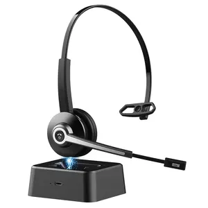 Wireless BT5.0 Telephone Headset For Call Center Offices Truck Driver With Charging Base Noise Cancelling Mic