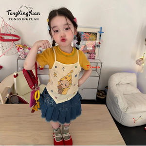TongXingYuan Girls Summer Two Piece Set Yellow Cartoon Star Print Cotton T Shirt With Denim Skirt For Kids - Product Image 1