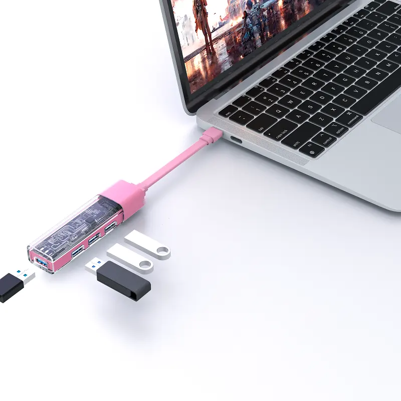 New design transparent shell pink black blue multiport ethernet port usb 3.0 port hub port type c to usb hub