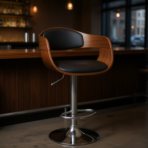 Tabouret de bar en bois courbé et simili cuir, base chromée réglable, design moderne et contemporain pour bar à domicile ou usage commercial - Product Image 2