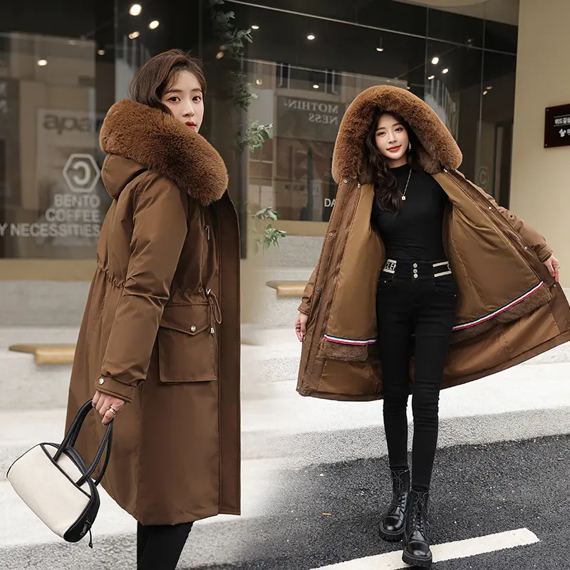 Custom 2023 mujeres Parkas abrigos FAUX FUR TRIM 97cm con capucha Cuello de piel parka chaqueta de invierno para las mujeres parka