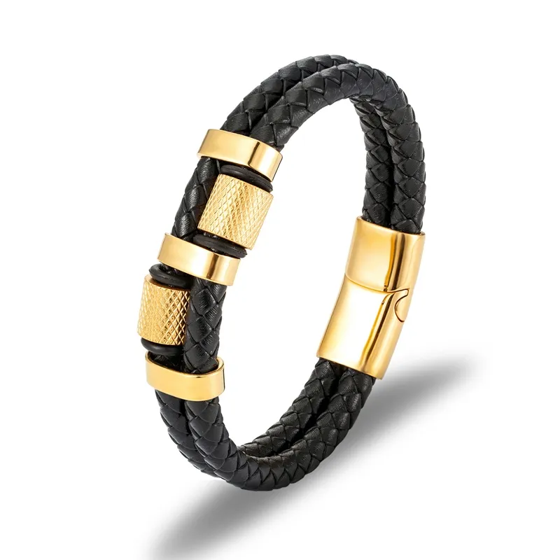 New Design Two Layers Braided Rope Brown Black Leather Bracelet For Stainless Steel Men Bangles Charm Jewelry Birthday Gift