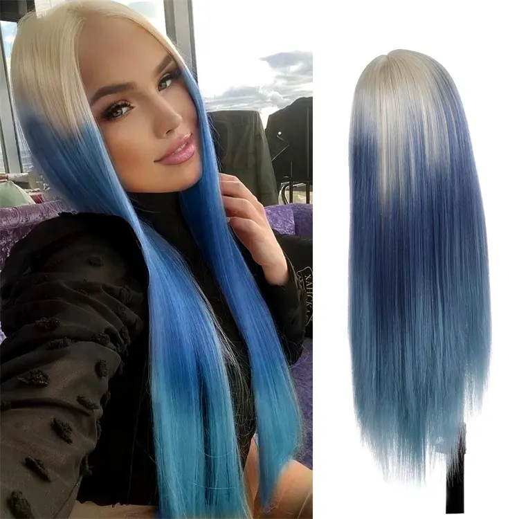 New Arrival Long Straight Lace Front Wig Blonde Ombre Blue Wigs for Women Heat Resistant Fiber Synthetic Wigs for Daily Party