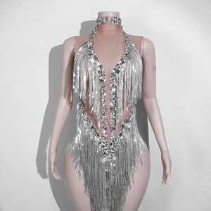 Combinaison à franges en strass argenté métallisé Ice Queen pour spectacle de scène, showgirl, diva, drag queen, disco, rave, costume de danseuse - Product Image 4