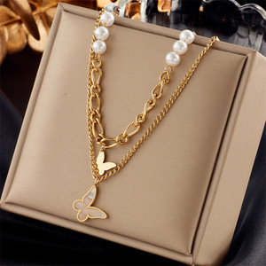 Double Layer Butterfly Pendant Necklace Gold Imitation Pearl Chain Party Jewelry Geometric Design N1835 - Product Image 1