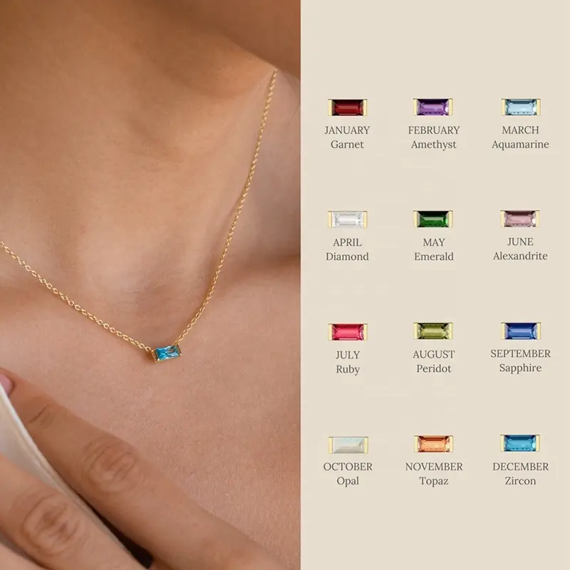 MECYLIFE Baguette Birthstone Necklace Gemstone Jewelry Personalized Birthday Gifts For Her Stainless Steel 18K Gold Jewelry