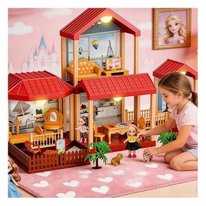 Maison de poupée pour enfants avec meubles, balcon, piscine, toboggan, ascenseur, jeu d'imitation, cadeau unisexe en plastique - Product Image 3