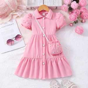 Robe d'été pour petites filles, style coréen, coupe trapèze, couleur unie, manches perlées, longueur genou, avec sac à bandoulière perlé 4ourcostumes - Product Image 1