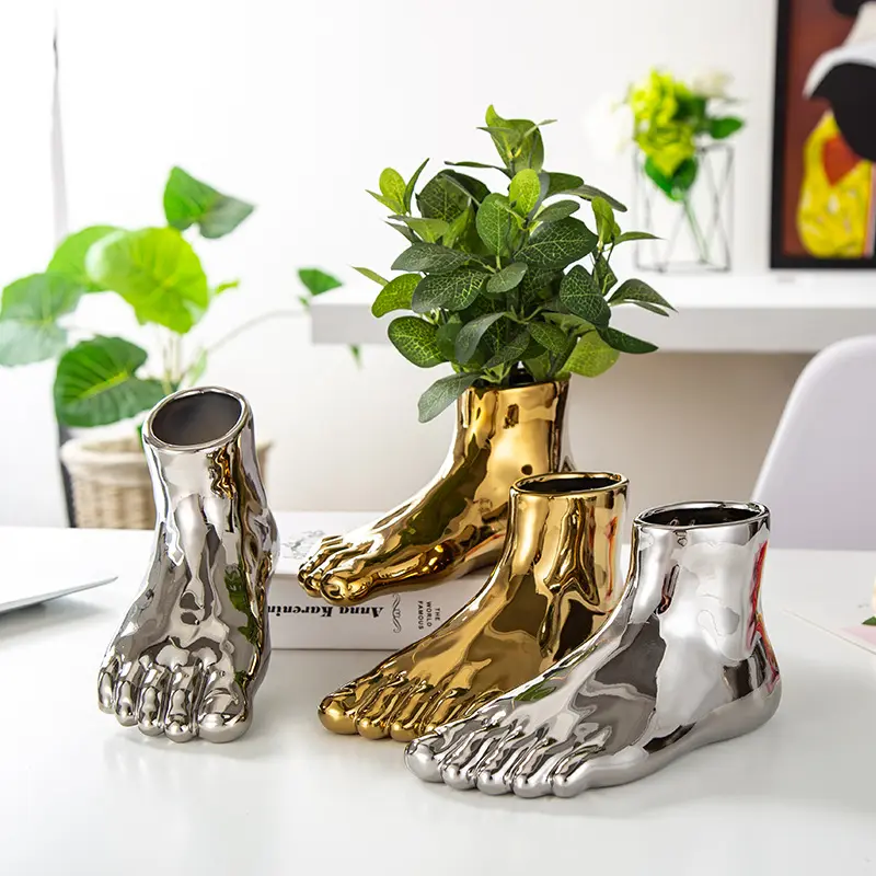 Nordic Creative Feet Shape Ceramic Vase Fashion Luxury Home Art Vase Plating Gold Silver Ceramic