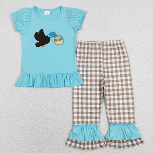 Ensemble de vêtements pour enfants Ester, haut bleu brodé motif œuf de cane et pantalon à carreaux, tenues assorties pour frères et sœurs - Product Image 2