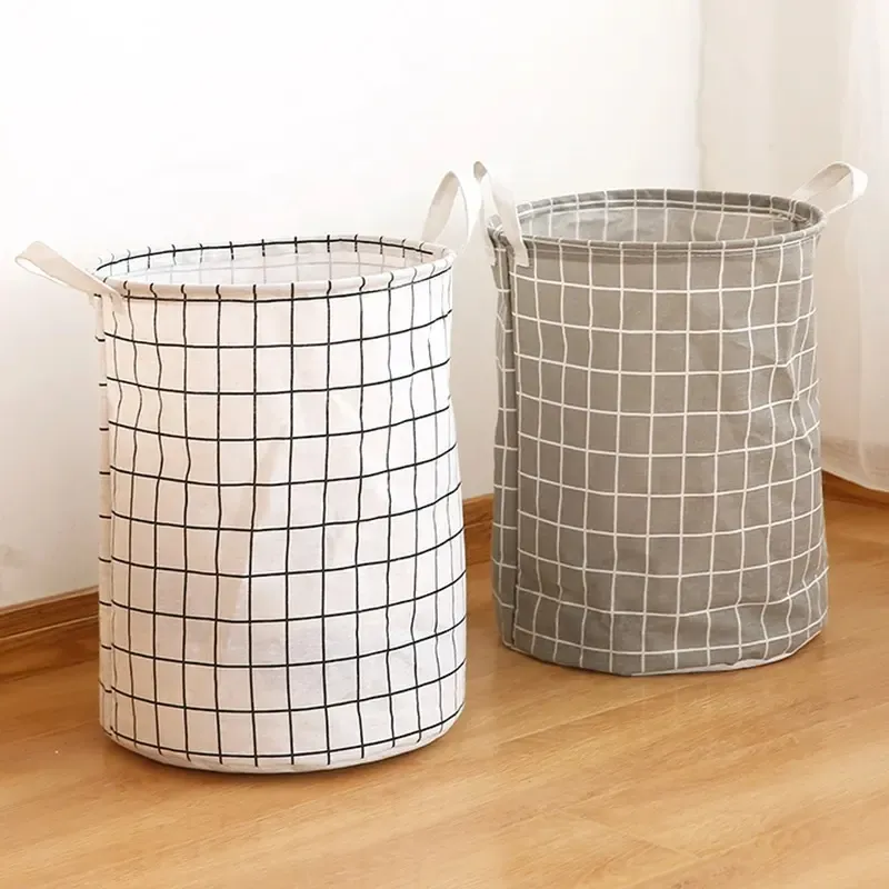 Custom Logo Waterproof Dirty Clothes Storage Organizer Bucket Cotton Linen Round Portable Foldable Laundry Basket Hamper