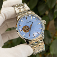 Jam Tangan Otomatis Valerius Men, Dial Tekstur Gelombang Biru Es dengan Desain Open Heart Skeleton, Tali Baja Tahan Karat