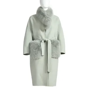 Wholesale Long Cashmere Coat With Real Fox Fur Pocket And Scarf Winer Women Double-faced Cashmere Wool Fur Coat